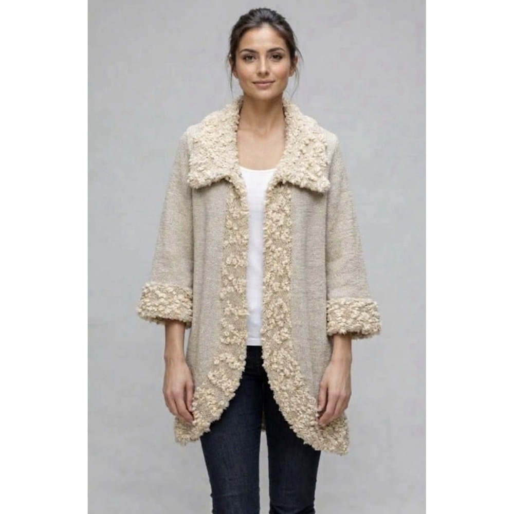 Heidi Hess Cardigan Sz S Tan Cream Artsy Hand Loomed Knit Open Penny Lane